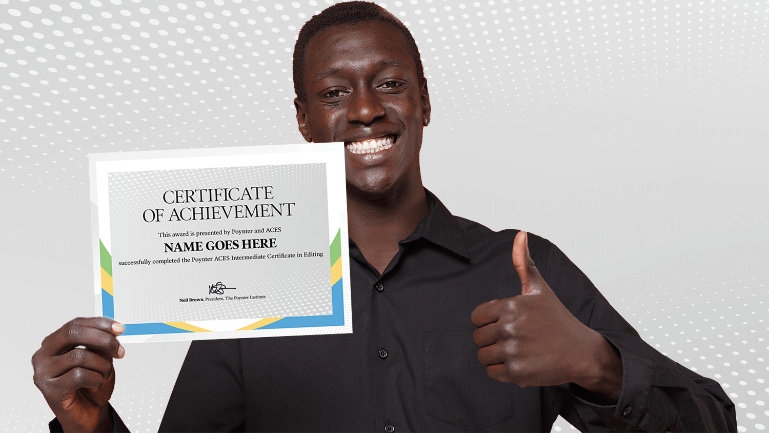 Image of a student holding up their certificate giving a thumbs up to the camera.